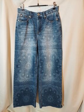 Saige Denim Mid Rise Straight Jeans Bandana Laser Print Wide Leg Blue Raw Hem 27